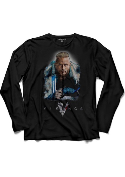 Vikings Ragnar Lothbrok Logo Skull Head Vikingler Kollu Tişört