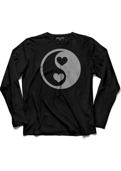 Ying Yang Logo Tamamlanan Kalp Iyilik Kötülük Uzun Kollu Tişört