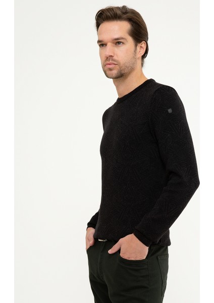 Erkek Siyah Slim Fit Bisiklet Yaka Triko Kazak 50209916-VR046