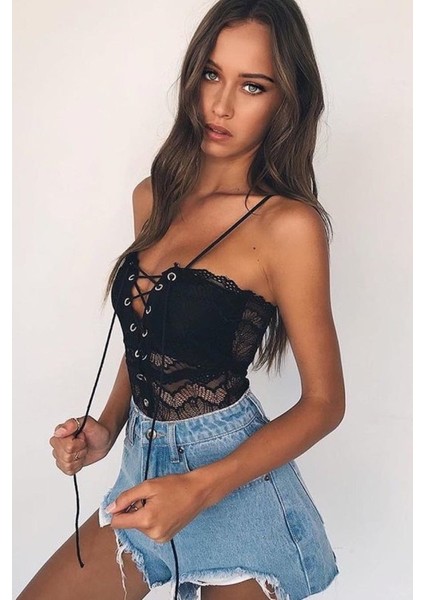 Dantel İşlemeli Siyah Şık Body Gecelik