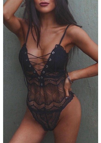 Dantel İşlemeli Siyah Şık Body Gecelik