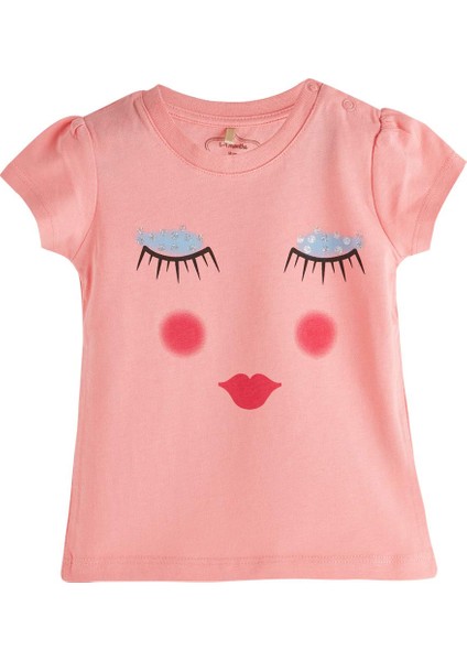 Pop Girls Uyuyan Surat Kısa Kol Kız Bebek T-shirt Pink Tint