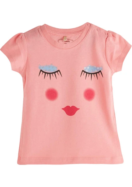 Pop Girls Uyuyan Surat Kısa Kol Kız Bebek T-shirt Pink Tint