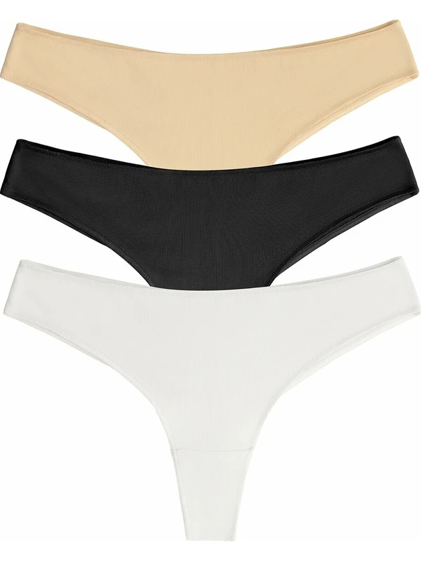 Suwen 3P Basic Yüksek Bel Koton Brazilian String - Siyah/Beyaz/Ten Rengi