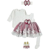 Ponpon Baby Kız Bebek 5 Parça Elbise Mevlütlük Takım, Düğün, Kına Elbisesi Fuşya 0-6 Ay