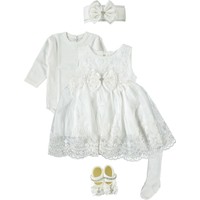 Ponpon Baby Kız Bebek 5 Parça Elbise Mevlütlük Takım, Düğün, Kına Elbisesi Ekru 0-6 Ay