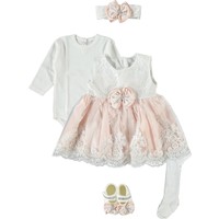 Ponpon Baby Kız Bebek 5 Parça Elbise Mevlütlük Takım, Düğün, Kına Elbisesi Somon