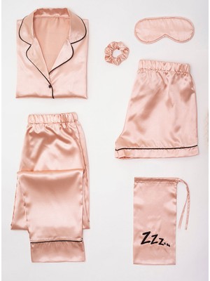 For You Moda 7'li Siyah Biyeli Rose Gold Saten Pijama Takımı FM000073