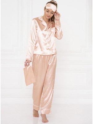 For You Moda 7'li Beyaz Biyeli Rose Gold Saten Pijama Takımı FM000074