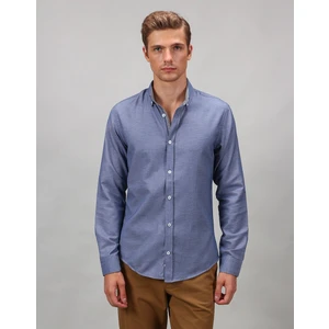 Slim Fit Mavi Ekose Desenli Uzun Kol Gömlek Erkekler İçin Klasik Model