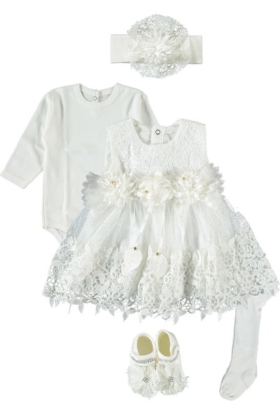Ponpon Baby Güpürlü, Kız Bebek 5 Parça Elbise Mevlütlük Takım, Düğün, Kına Elbisesi Ekru 0-6 Ay