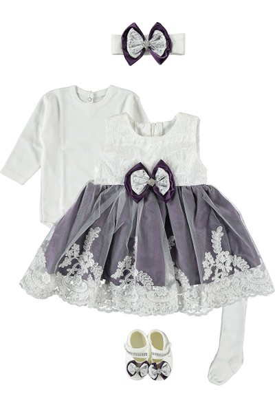 Ponpon Baby Kız Bebek 5 Parça Elbise Mevlütlük Takım, Düğün, Kına Elbisesi Mor