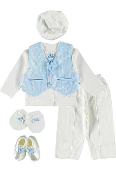 Ponpon Baby Yelekli, 6’lı Erkek Bebek Seti Mavi 0-6 Ay