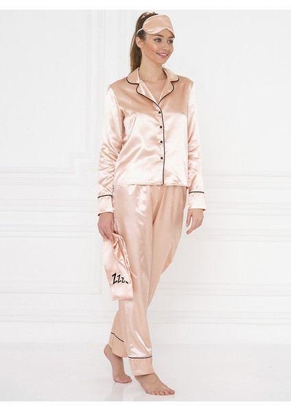 7'li Siyah Biyeli Rose Gold Saten Pijama Takımı FM000073