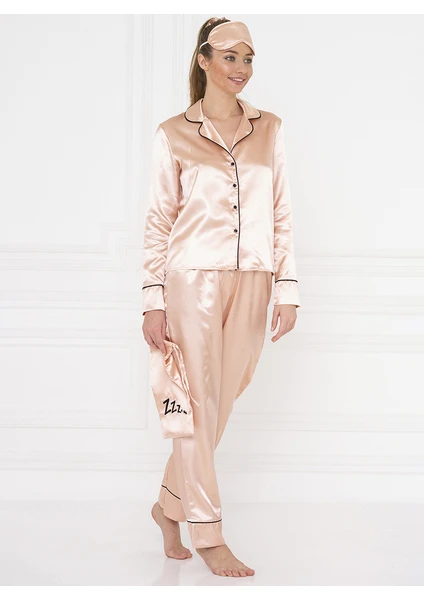 For You Moda 7'li Siyah Biyeli Rose Gold Saten Pijama Takımı FM000073