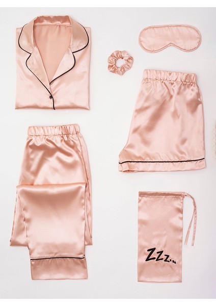 7'li Siyah Biyeli Rose Gold Saten Pijama Takımı FM000073