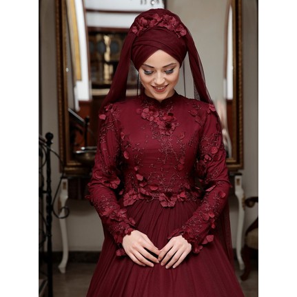 Maroon Unlined Crew Neck Muslim Evening Dress