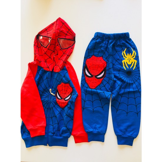 Spiderman Eşofman Takımı Örümcek Adam Kostümü Fermuarlı Maskeli Kapüşonlu