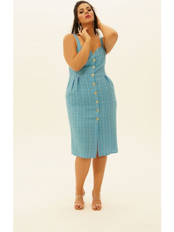 Lefital Kadin Mavi Keten Dugme Detayli Yazlik Askili Elbise Fiyati