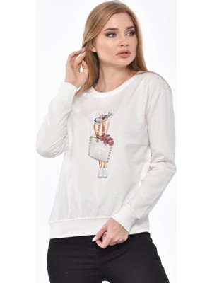 Modkofoni Uzun Kollu Çanta Baskılı Taşlı ve Pullu Beyaz Sweatshirt M