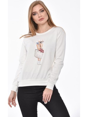 Modkofoni Uzun Kollu Çanta Baskılı Taşlı ve Pullu Beyaz Sweatshirt M