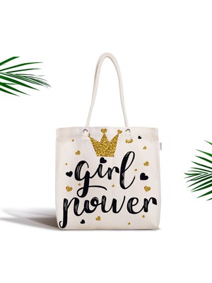RealHomes Girl Power Yazı Desenli Dijital Baskılı Fermuarlı Kumaş Çanta