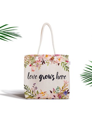 RealHomes Love Grows Here Yazılı Dijital Baskılı Fermuarlı Kumaş Çanta