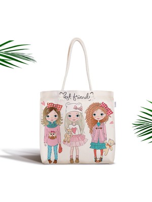 RealHomes Best Friends Motifli Fermuarlı Modern Kumaş Çanta