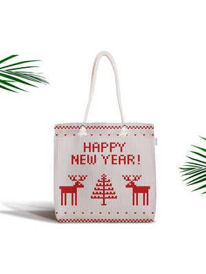 RealHomes Happy New Year Temalı Dijital Baskılı Fermuarlı Modern Kumaş Çanta