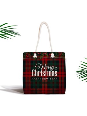 RealHomes Ekose Zeminde Merry Christmas Baskılı Fermuarlı Modern Kumaş Çanta