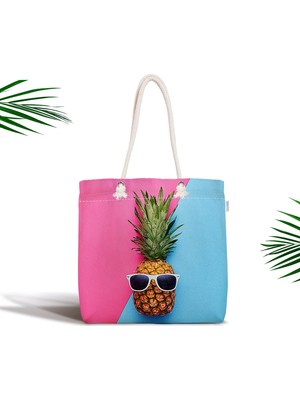 RealHomes Mavi Pembe Ananas Desenli Modern Fermuarlı Kumaş Çanta