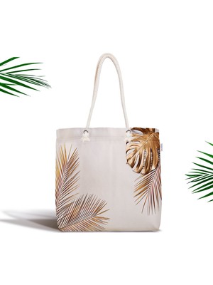 RealHomes Altın Renkli 3D Palmiye Yaprakları Modern Fermuarlı Kumaş Çanta
