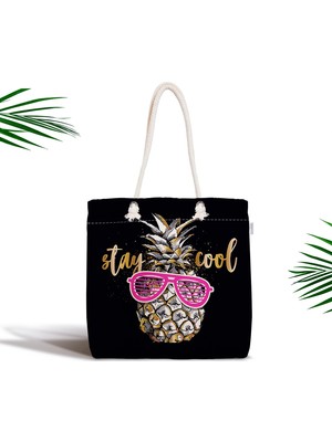 RealHomes Siyah Zeminde Cool Ananas Desenli Modern Fermuarlı Kumaş Çanta