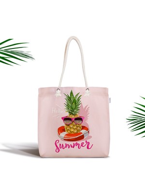 RealHomes Pembe Zeminli Summer Ananas Desenli Fermuarlı Kumaş Çanta
