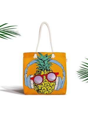 RealHomes Turuncu Zeminde Summer Ananas Tasarımlı Fermuarlı Kumaş Çanta
