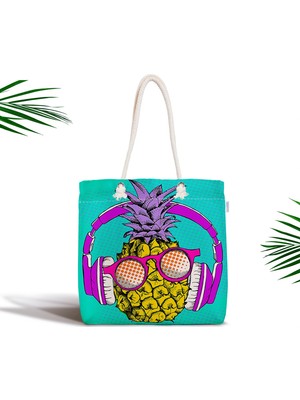 RealHomes Mavi Zeminde Ananas Desenli Dijital Baskılı Fermuarlı Kumaş Çanta