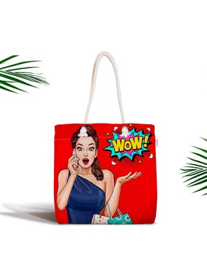 RealHomes Kırmızı Zeminli Popart Wow Desenli Modern Fermuarlı Kumaş Çanta