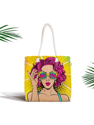 RealHomes Sarı Zeminli Pop Art Girl Desenli Fermuarlı Modern Kumaş Çanta