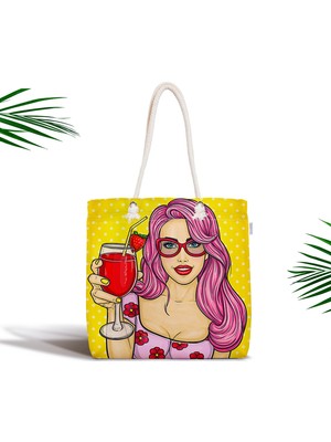 RealHomes Sarı Zeminli Popart Girl Desenli Fermuarlı Modern Kumaş Çanta