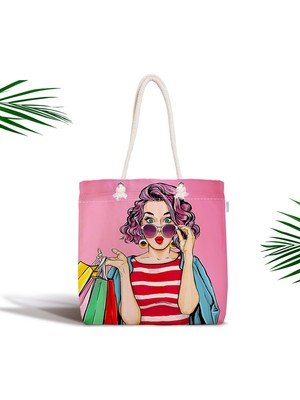 RealHomes Pembe Zeminli Popart Desenli Fermuarlı Modern Kumaş Çanta