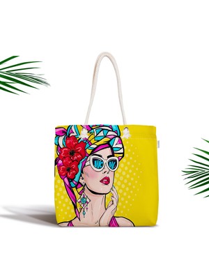 RealHomes Sarı Zeminli Summer Popart Tasarımlı Fermuarlı Modern Kumaş Çanta