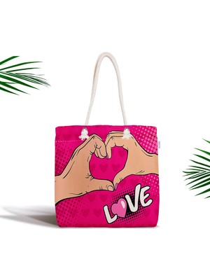 RealHomes Pembe Love Popart Tasarımlı Dijital Baskılı Fermuarlı Kumaş Çanta