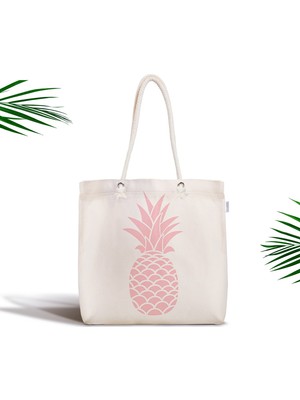 RealHomes Beyaz Zeminde Pembe Ananas Tasarımlı Dijital Baskılı Fermuarlı Kumaş Çanta