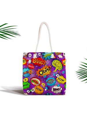 RealHomes Mor Zeminli Pop Art Özel Tasarım Dijital Baskılı Fermuarlı Kumaş Çanta