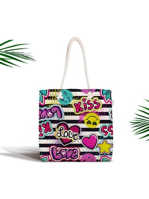 RealHomes Kiss Love Pop Art Tasarımlı Dijital Baskılı Fermuarlı Kumaş Çanta