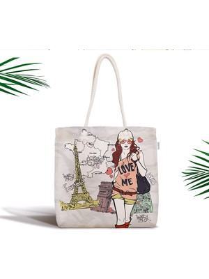 RealHomes Fashion Girl Paris Tasarımlı Dijital Baskılı Fermuarlı Kumaş Çanta