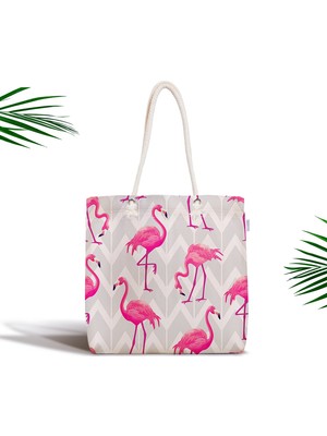 RealHomes Gri Zeminde Flamingo Desenli Dijital Baskılı Fermuarlı Kumaş Çanta