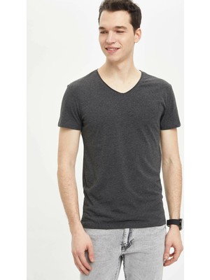 Defacto Slim Fit Bisiklet Yaka Basic Kısa Kollu Antrasit Tişört M4792AZ20SP