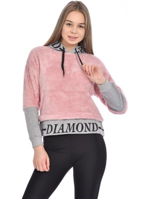 Modkofoni Kapşonlu Baskılı Uzun Kollu Pudra Peluş Sweat Shirt