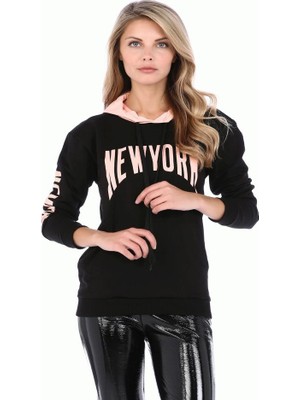 Modkofoni Kapşonlu Kol ve Göğüs Baskılı Siyah Sweat Shirt